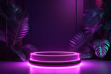 Elegant purple neon exhibit panel with copy space and tropical leaves, generative ai illustration