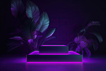 Realistic elegant exhibit neon podium with copy space and tropical leaves, generative ai illustration