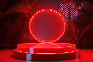 Neon red photography set for products on a tropical background, generative ai illustration