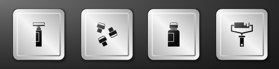 Set Marker pen, attachment, Paint, gouache, jar, dye and roller brush icon. Silver square button. Vector
