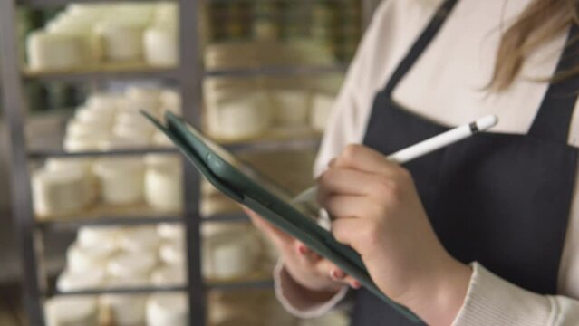 Young Farm Woman Controls Maturing Process of Goat Cheese Heads Placed on Shelves in Storehouse at Cheese Factory. Writing Notes with Digital Tablet