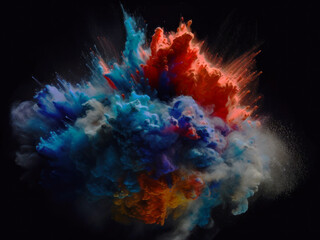 Fototapeta premium Freeze motion of colored powder explodes on black background. Abstract colorful explosion. Generative AI