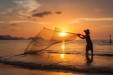 A fisherman is fishing with a net at sunrise, a fisherman is throwing a fishing net into the sea, generative AI.