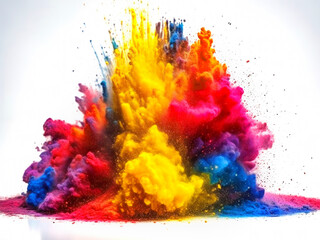 Fototapeta na wymiar Freeze motion of colored powder explodes on white background. Abstract colorful explosion. Generative AI