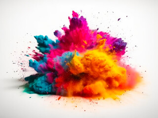 Freeze motion of colored powder explodes on white background. Abstract colorful explosion. Generative AI