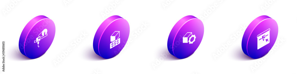 Poster set isometric 3d printer, services, isometric cube and setting icon. vector