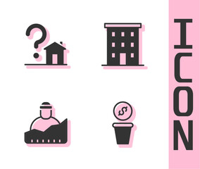 Set Donation money, House with question mark, Growth of homeless and Multi storey building icon. Vector