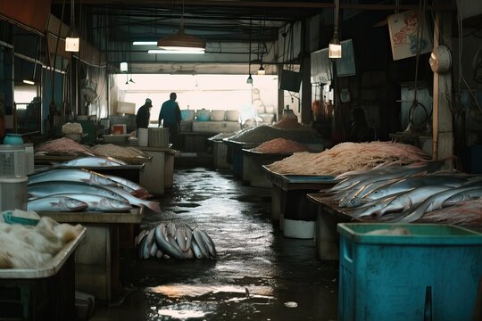 A fish market with tables, shelves and lots of different fish, generative AI.