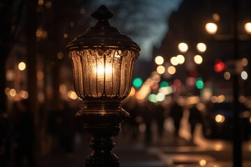 Background scene with a street lamp and bokeh effect in the city center at night. Generative AI