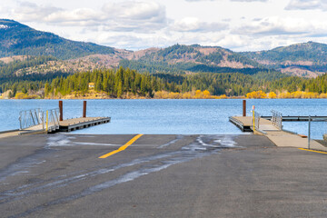 Docks, jettys and pedestrian walkways along the shore of Hauser Lake, in the rural city of Hauser Lake, Idaho, one of the cities in the general Coeur d'Alene area of North Idaho.