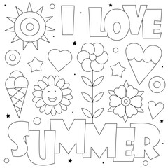 I love Summer. Coloring page. Vector illustration of the sun, flowers, and icecream