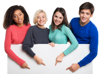 Group of young people holding and showing blank banner