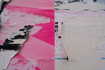 Ripped street poster background, abstract, and torn paper collage