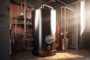 A 3D rendering of a gas boiler and water heater unit for a house. Generative AI