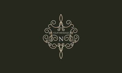 Elegant logo with elements of calligraphic elegant ornament and letter N. Identity design for shop or cafe, store, restaurant, boutique, hotel, heraldic shop, fashion, etc.