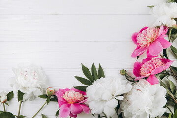 Pink and white peonies on a white wooden background, copy space, flat lay, greeting card.