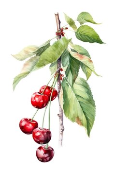 Branch of red cherries isolated on white background, watercolor illustration. Generative AI.