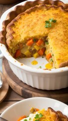 Close-up Of a freshly Baked Cottage Pie, with golden-brown mashed potatoes on top and a bubbling filling of minced beef and vegetables, served in a rustic ceramic dish. Generative AI