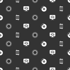 Set Car brake disk with caliper, radiator cooling system, tire wheel and Check engine on seamless pattern. Vector