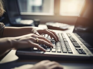 Hands typing on a laptop keyboard with a blurred office background