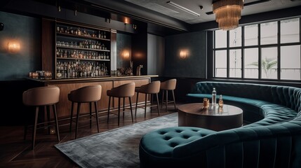 A chic cocktail lounge with a sleek bar and velvet seating. AI generated
