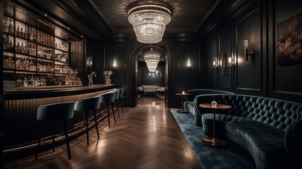 A chic cocktail lounge with a sleek bar and velvet seating. AI generated - obrazy, fototapety, plakaty