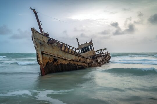 A ship wrecked by a storm at sea is on the seashore, generative AI.