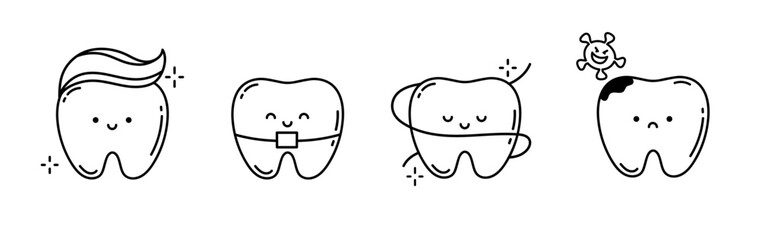 Set of tooth icons, such as dentist, clean, protect, treat, oral. Plaque teeth, shiny white tooth. Mouth hygiene and toothache. Dental happy and sad vector characters. Doodle vector illustration