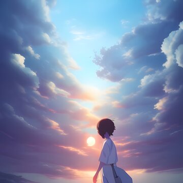 Anime girl, heaven and sunset, made with generative AI.