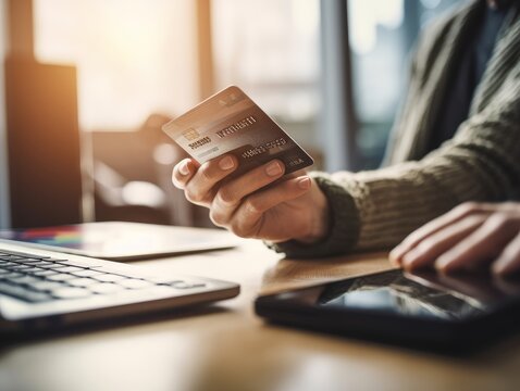 Close-up of hands holding a credit card and making a purchase online