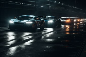 Nighttime drag race with fast cars on lit track. Generative AI