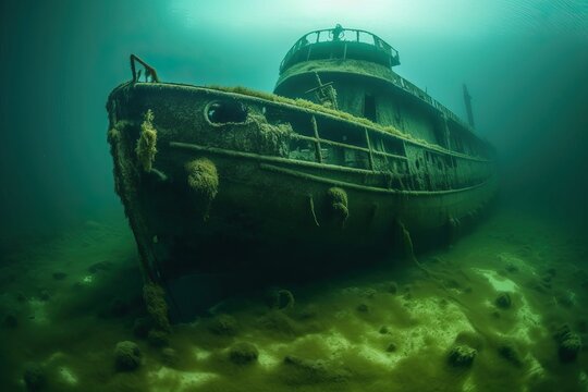A sunken ship under water is covered with rust and algae, generative AI.
