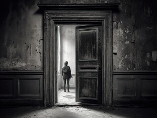 A photo of a person standing in a doorway, with the door acting as a frame for the subject.