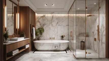 A luxury spa bathroom with a steam shower and marble details. AI generated - obrazy, fototapety, plakaty