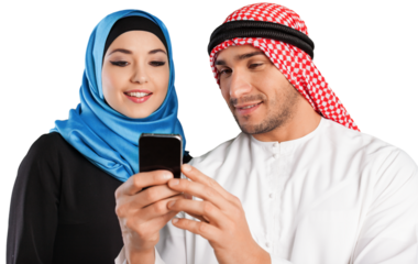 Successful happy Arabic business people with phone
