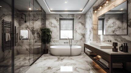 A luxury spa bathroom with a steam shower and marble details. AI generated - obrazy, fototapety, plakaty