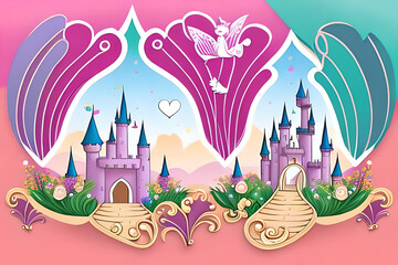 A whimsical and fairy-tale-like wedding greeting card with a castle or a unicorn design