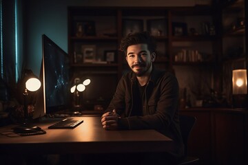 smilling man working at his desk with computer Generative AI - obrazy, fototapety, plakaty