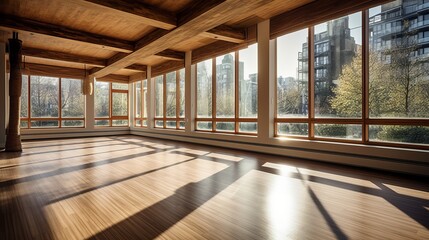 A refreshing yoga studio with bamboo flooring and floor-to-ceiling windows. AI generated