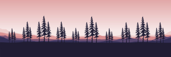Naklejka premium pine tree forest in mountain landscape view scenery silhouette vector illustration good for wallpaper, background, backdrop, banner, and design template