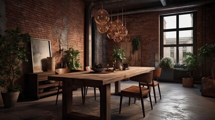 A rustic dining room with a wooden table and exposed brick walls. AI generated