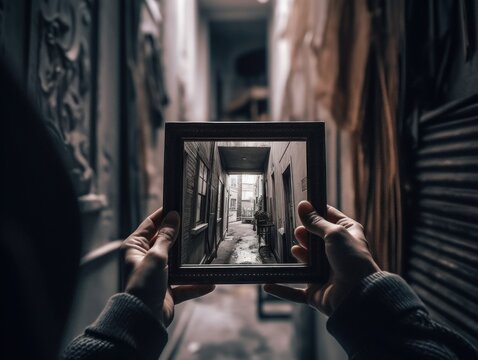 A photo of a person holding up a photo frame, with a separate image framed within it