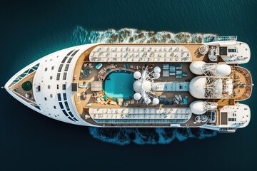 A large cruise ship in the sea while sailing, top view of the ship, generative AI.