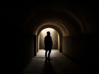 A person standing inside a tunnel or archway, with the opening acting as a frame for the subject