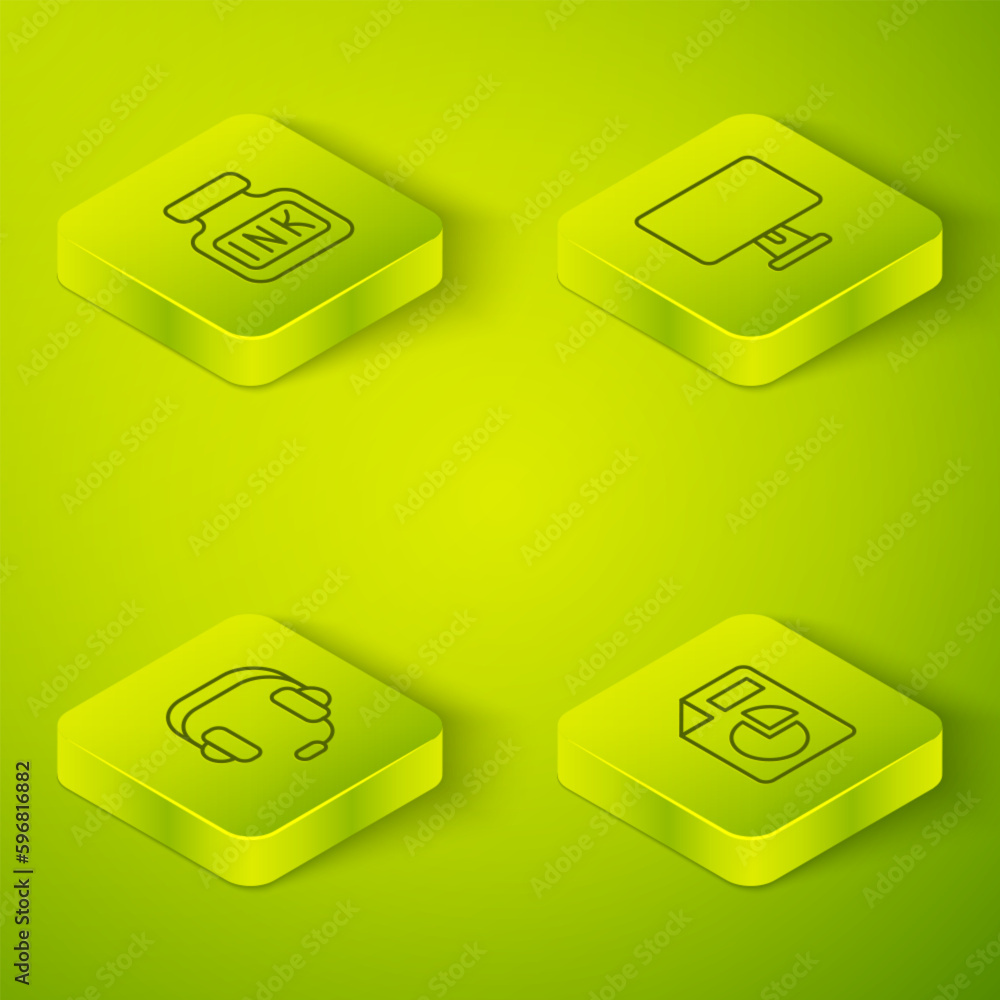 Poster set isometric line computer monitor, headphones, document with graph chart and inkwell icon. vector