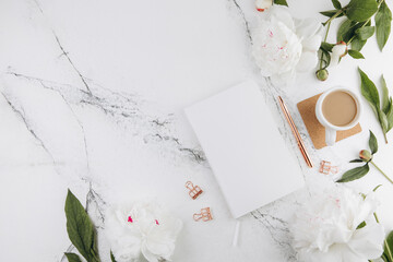 Women's marble table, diary mockup white peonies and coffee around, flat lay