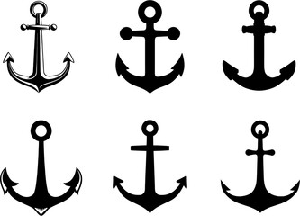 Multiple style and shape nautical anchor set icons. Design logo, badge, sign, symbol, emblem, label, stamp. 