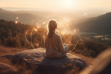 Femme vue de dos pratiquant le yoga dans la nature, sur une montage devant un lac pendant l'heure dor&eacute;e - m&eacute;ditation, &eacute;nergie et spiritualit&eacute; - ia g&eacute;n&eacute;rative