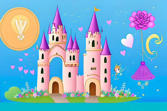 A whimsical and fairy-tale-like wedding greeting card with a castle or a unicorn design © Beste stock