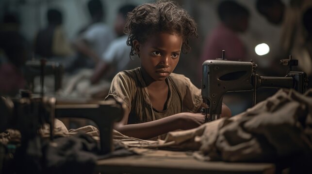 A young girl working in a sweatshop, surrounded by piles of fabric and sewing machines. Child labor and exploitation. Generative AI